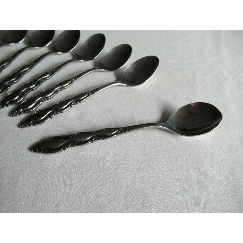 Lot of 9 National Stainless Marquee 8 Teaspoon +1 Sugar Spoon Japan Vintage 6.2